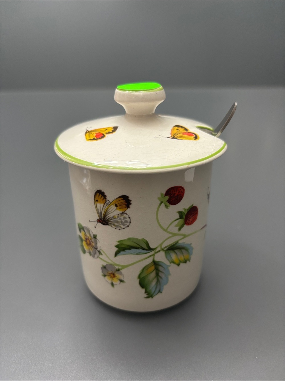 James Kent Old Foley Strawberry Butterfly Jam Jelly Jar With Lid & Spoon Vintage